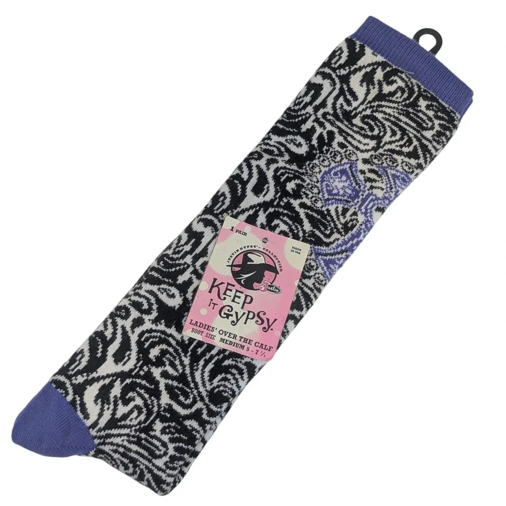 Justin Keep It Gypsy Ladies Over The Calf Boot Socks 3-Tone Paisley Purple Cross
